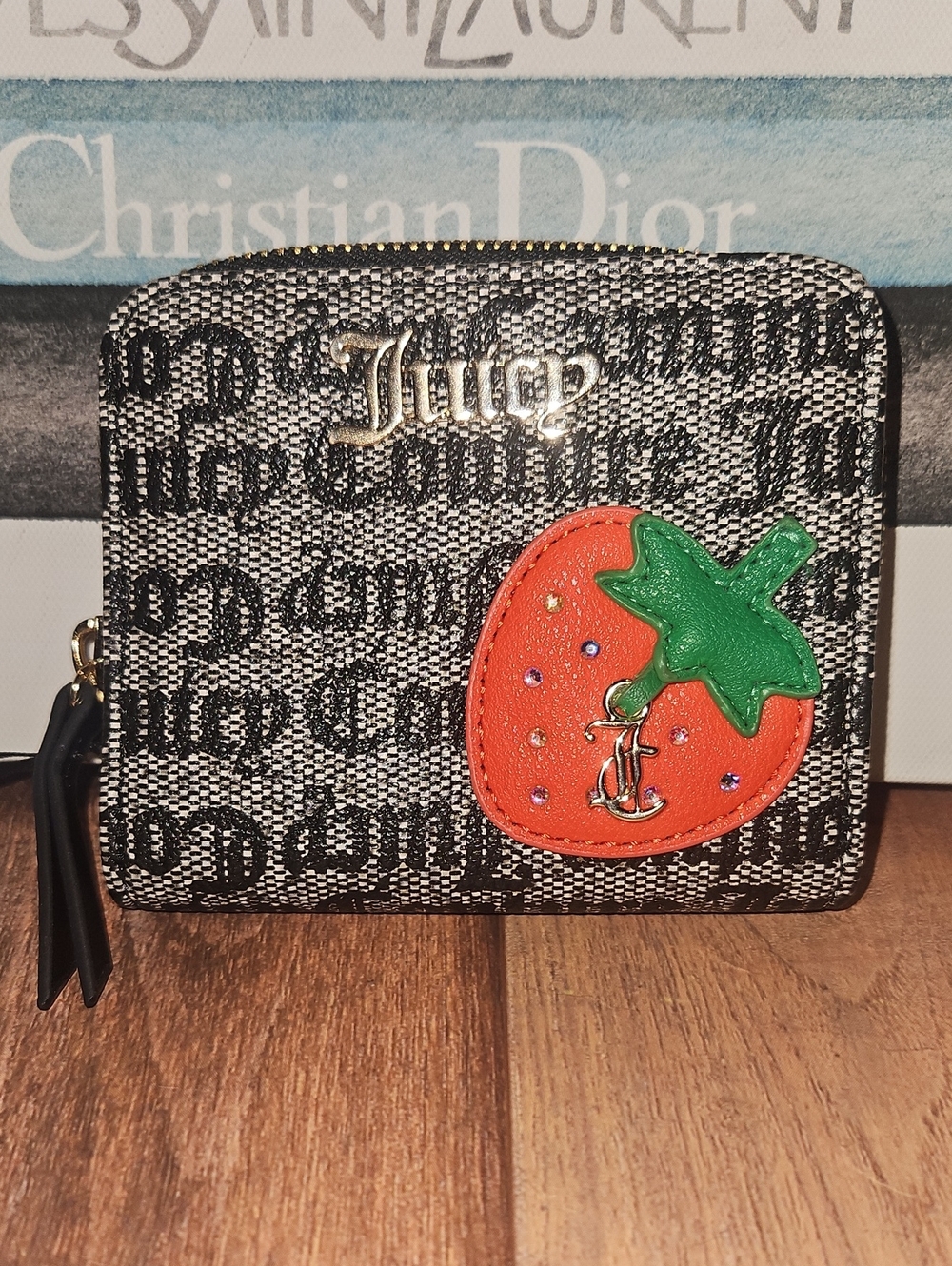 Juicy Couture Black Logo Zip Wallet with Red & Green Strawberry Patch